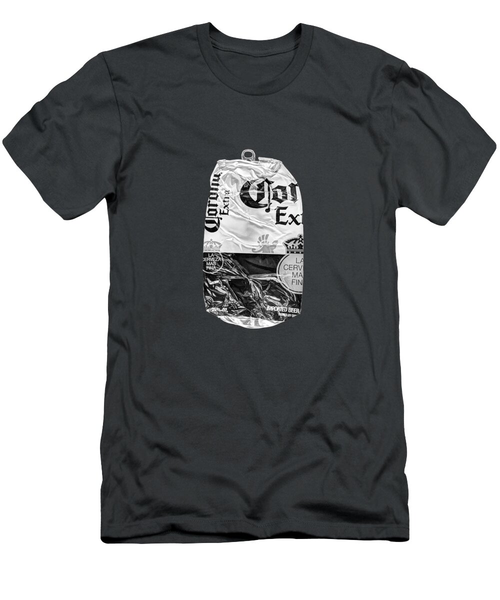 Beer Can T-Shirt featuring the photograph Beer Can Extra Blue Crushed on Plywood 81 in BW by YoPedro