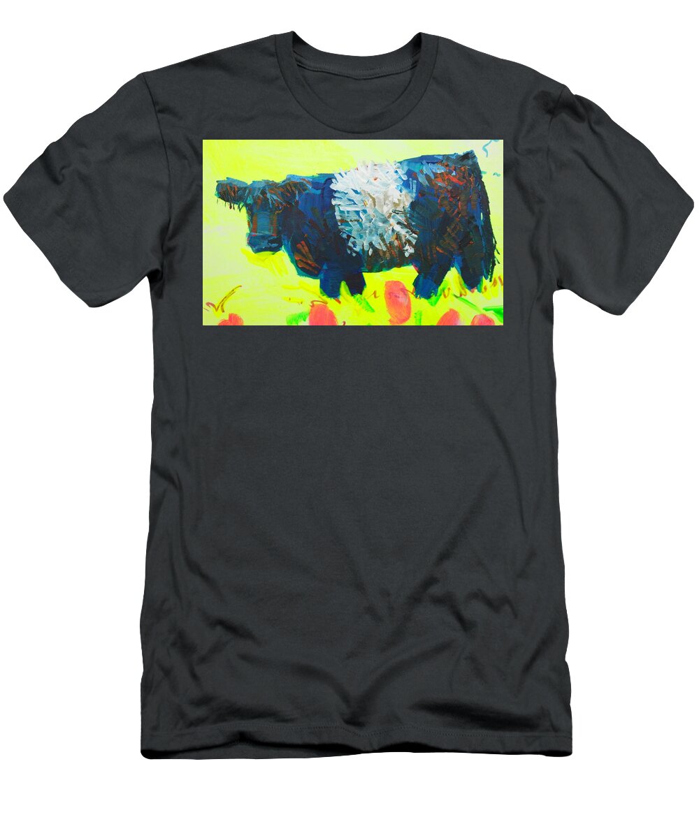 Belted Galloway Cow T-Shirt featuring the painting Belted Galloway Cow Looking At You by Mike Jory