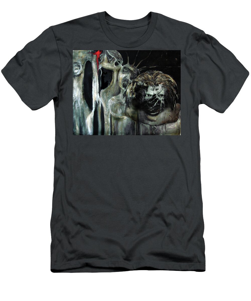 African American T-Shirt featuring the mixed media Beneath the Mask by Cora Marshall