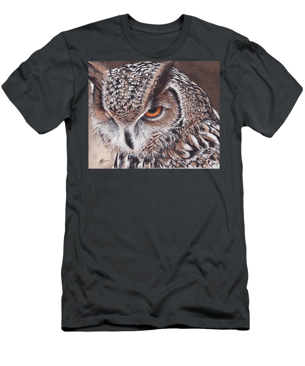 Owl T-Shirt featuring the painting Bengal Eagle Owl by Greg and Linda Halom
