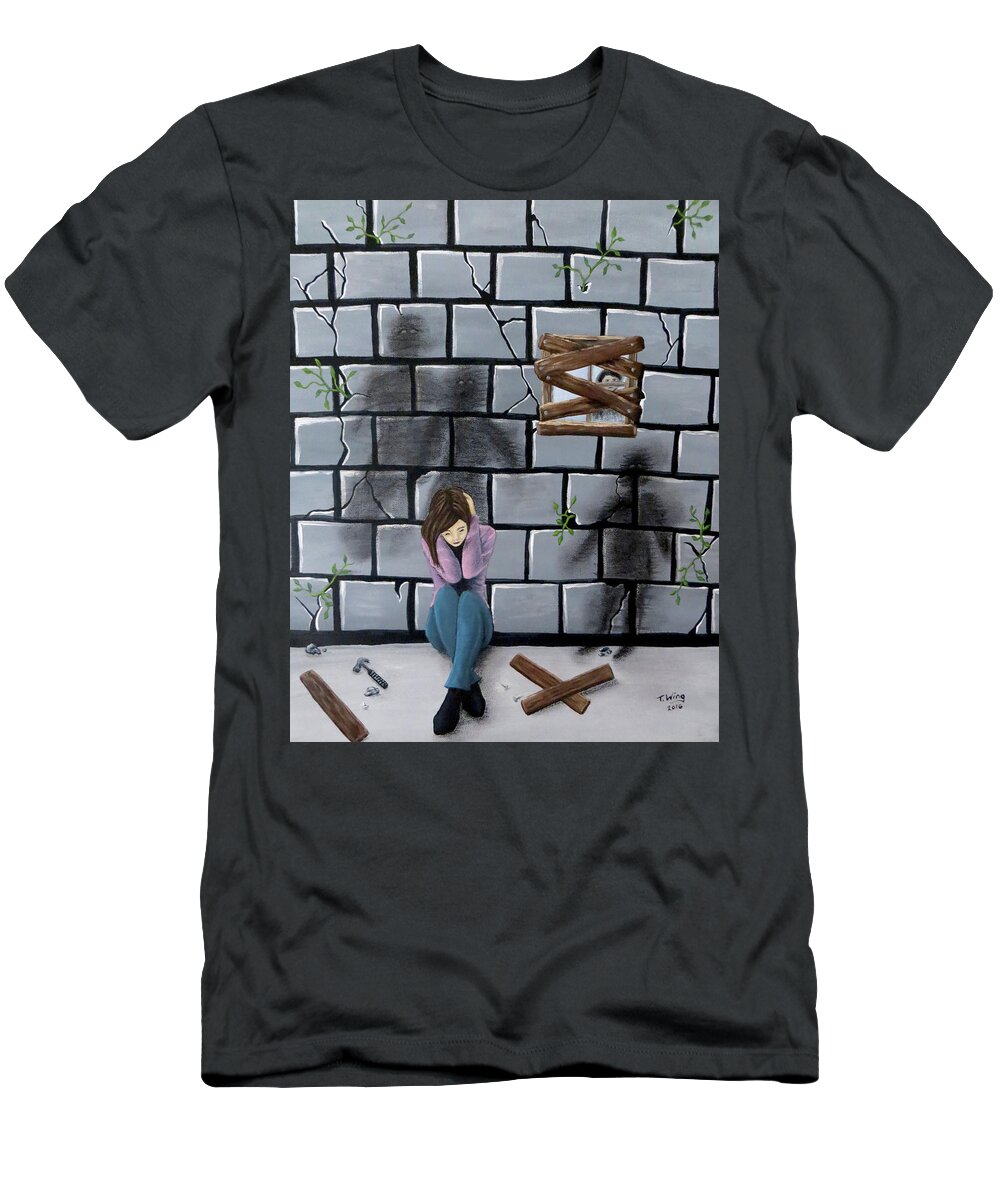 Wall T-Shirt featuring the painting Beyond The Wall by Teresa Wing