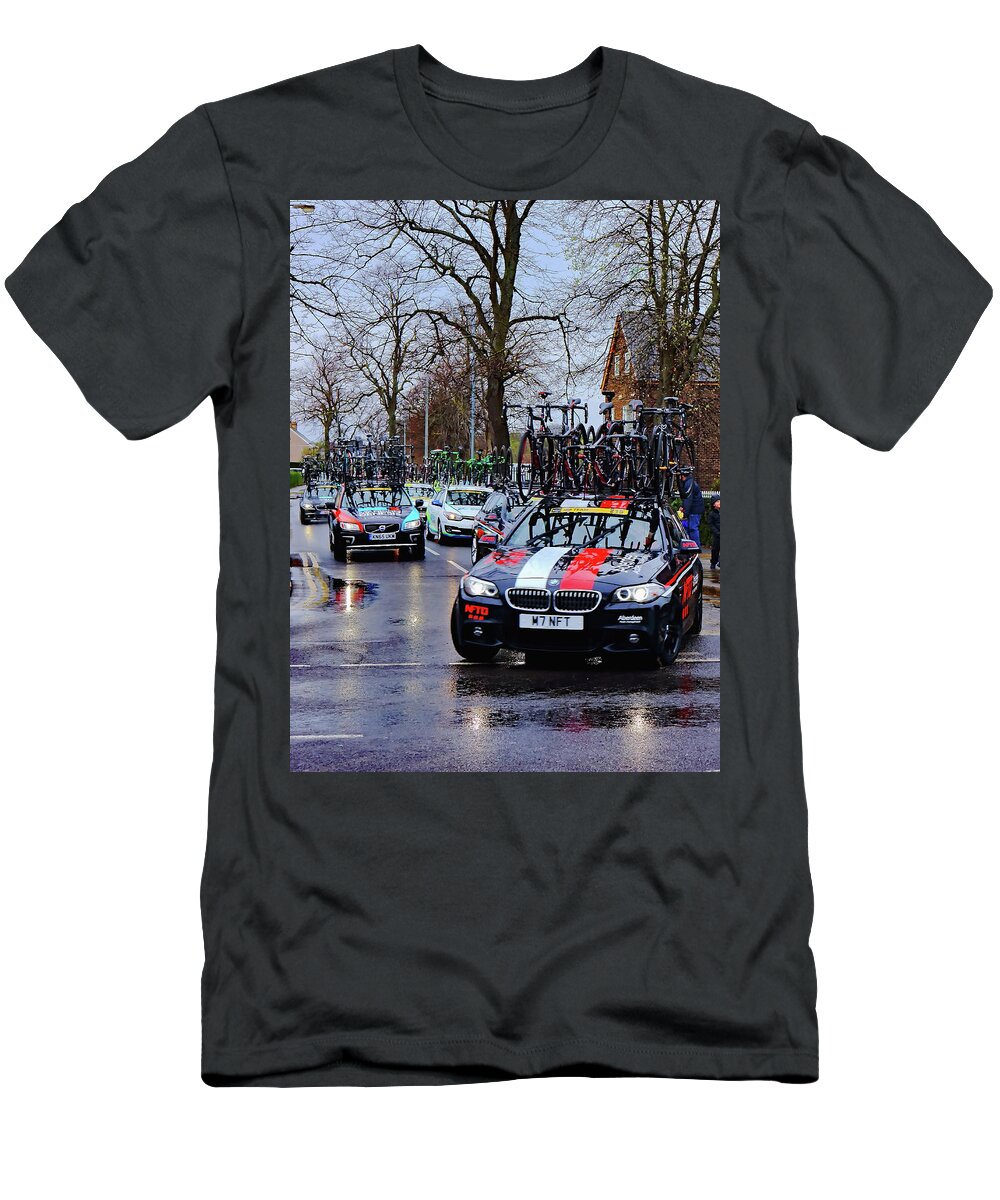 Team T-Shirt featuring the photograph Bicycle Race Team Cars by Jeff Townsend