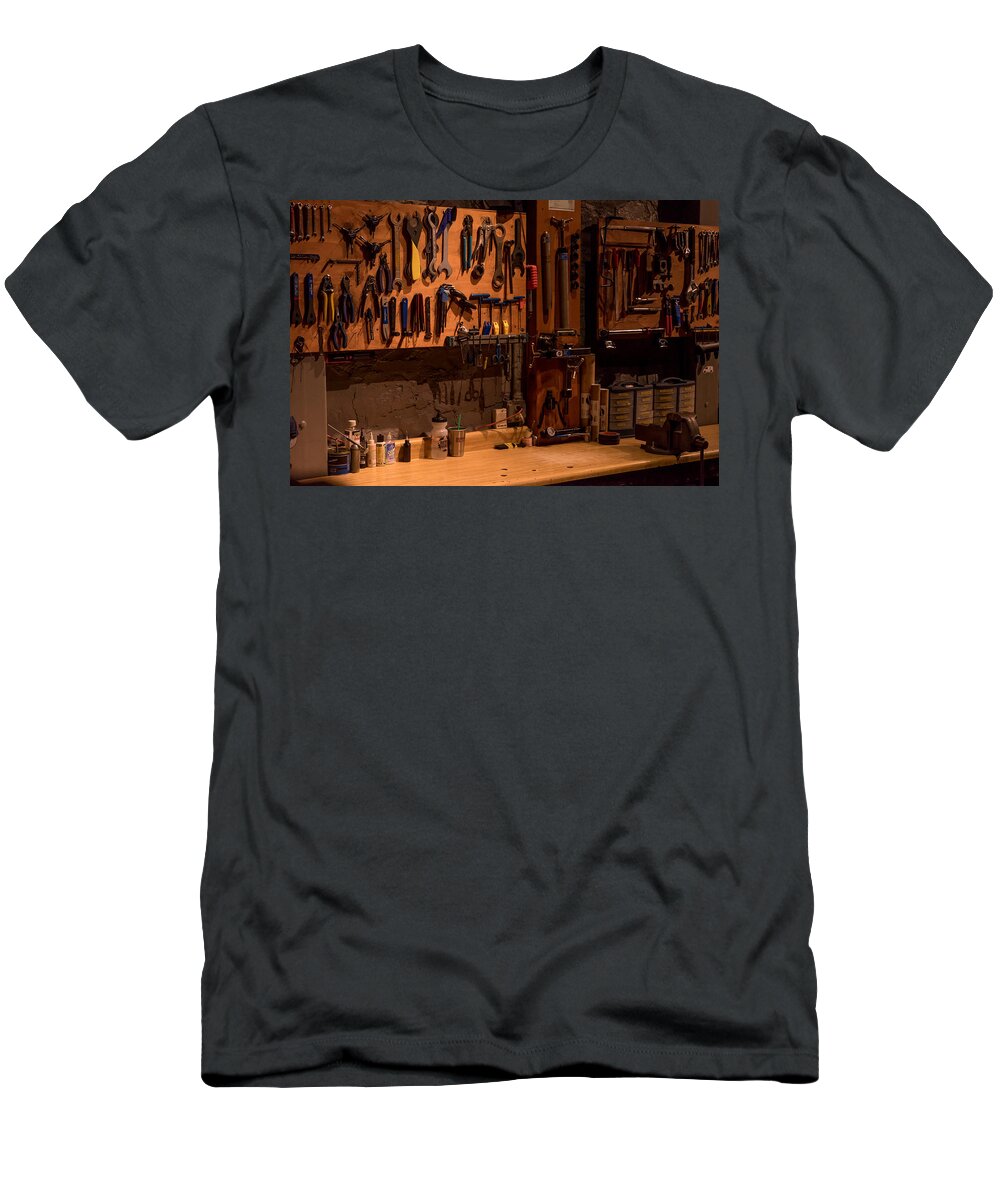 Bicycle T-Shirt featuring the photograph Bicycle Shop Bench by Derek Dean