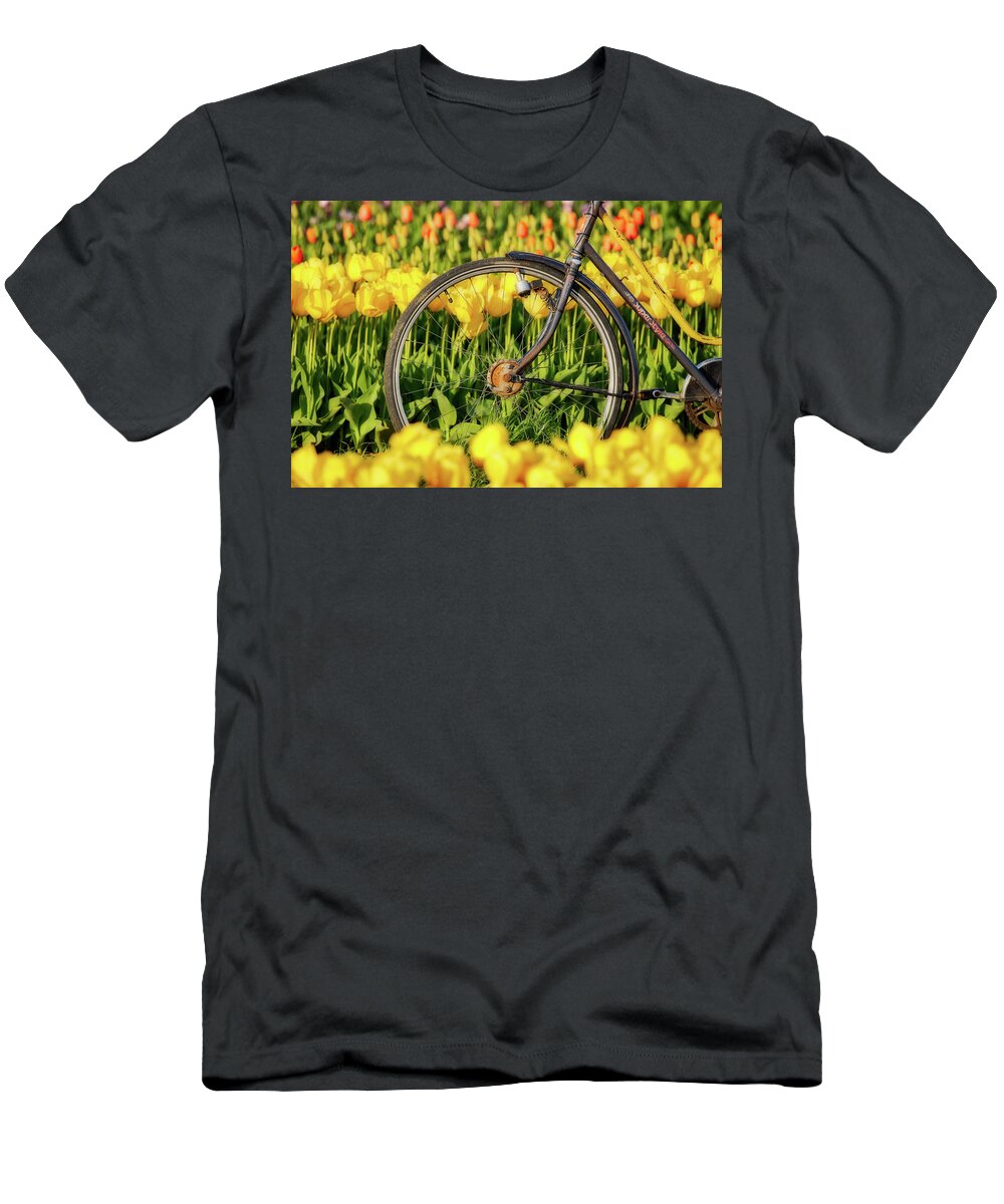 Beautiful T-Shirt featuring the photograph Bicycle Wheel and Tulips by Jerry Fornarotto