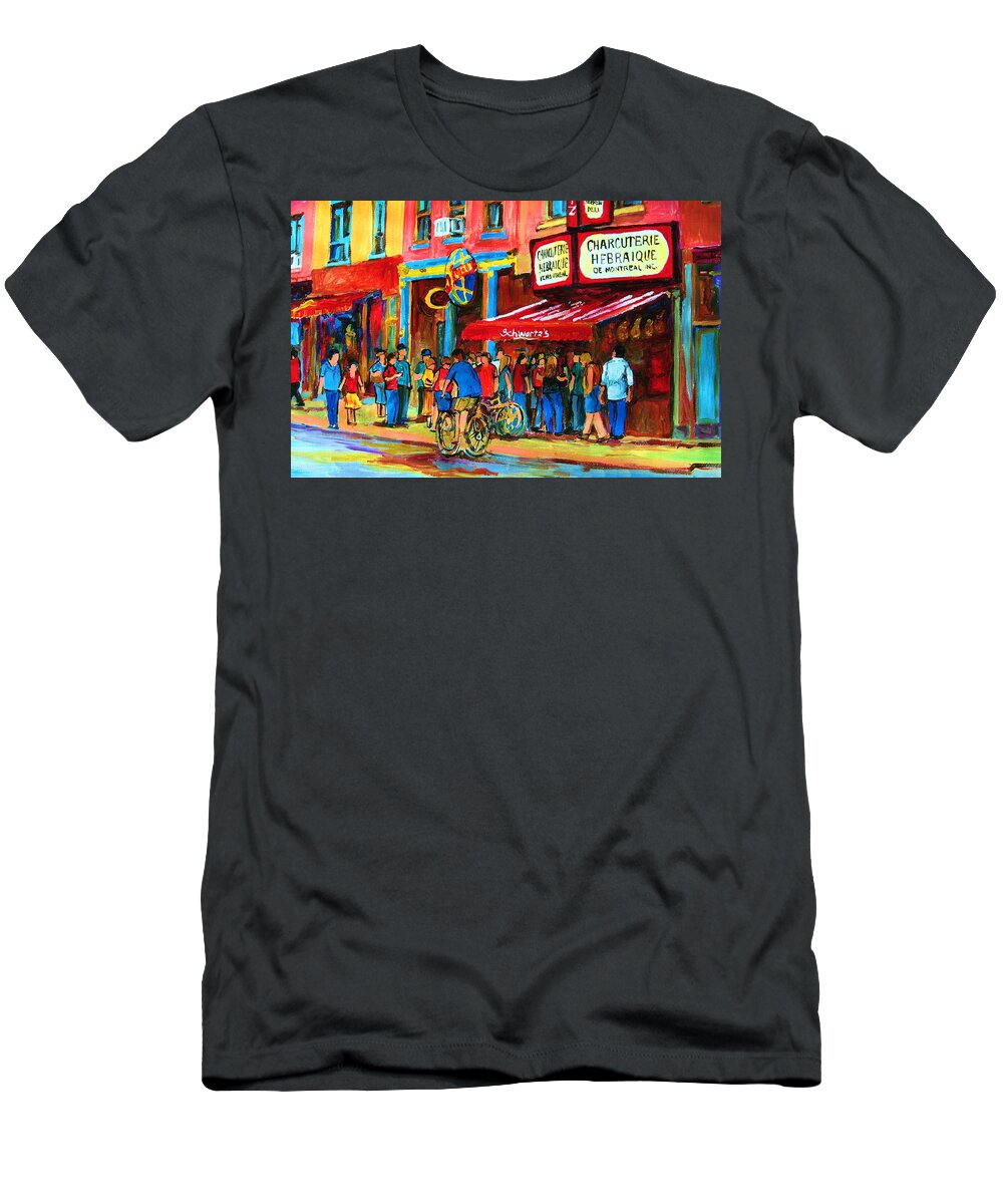 Schwartzs Smoked Meat Deli T-Shirt featuring the painting Biking Past The Deli by Carole Spandau