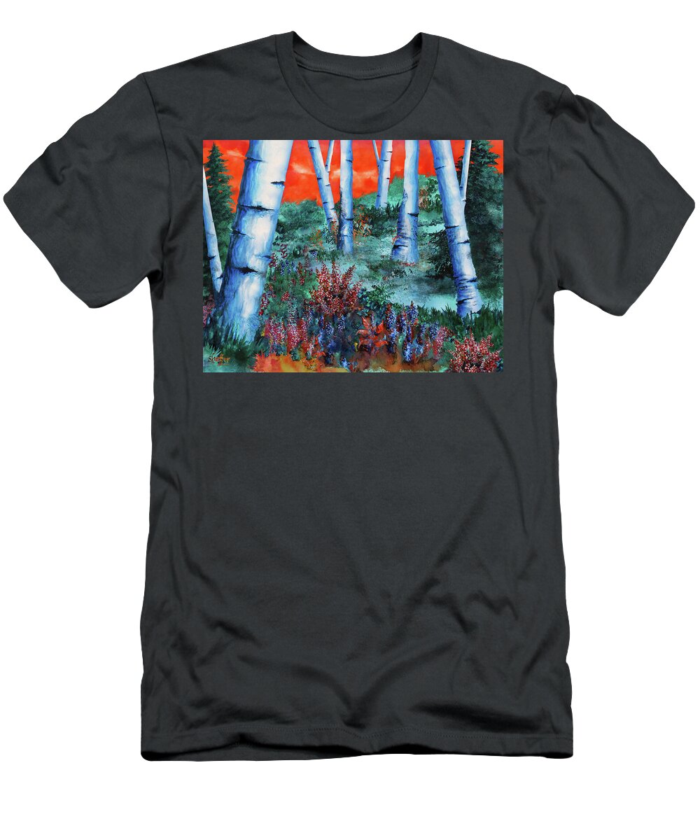 Watercolor T-Shirt featuring the painting Birch Trees at Sunset by Curtiss Shaffer