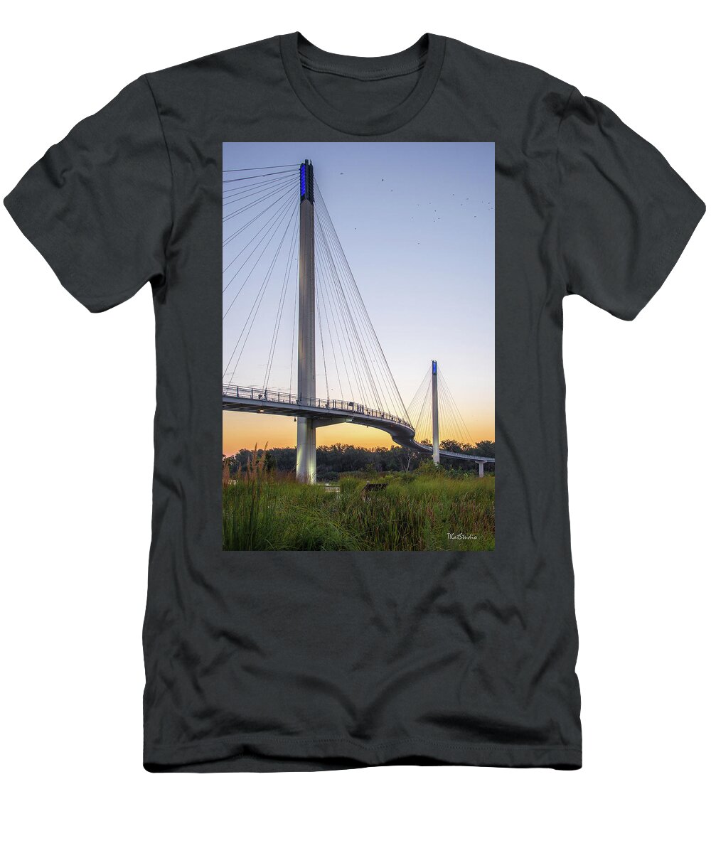 Bridge T-Shirt featuring the photograph Birds Soaring Over Bob Kerry Bridge by Tim Kathka