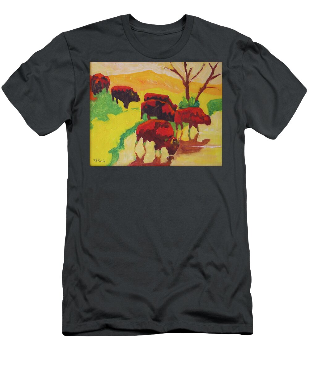 Bison Art T-Shirt featuring the painting Bison Art Bison Crossing Stream Yellow Hill painting Bertram Poole by Thomas Bertram POOLE