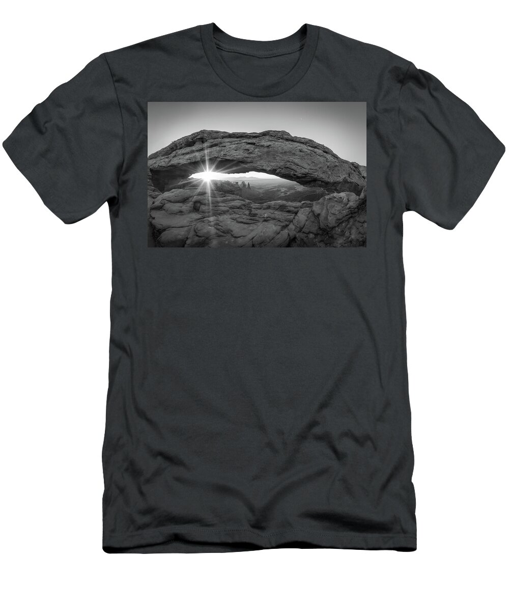 America T-Shirt featuring the photograph Black and White Mesa Arch Sunrise - Canyonlands National Park Utah by Gregory Ballos