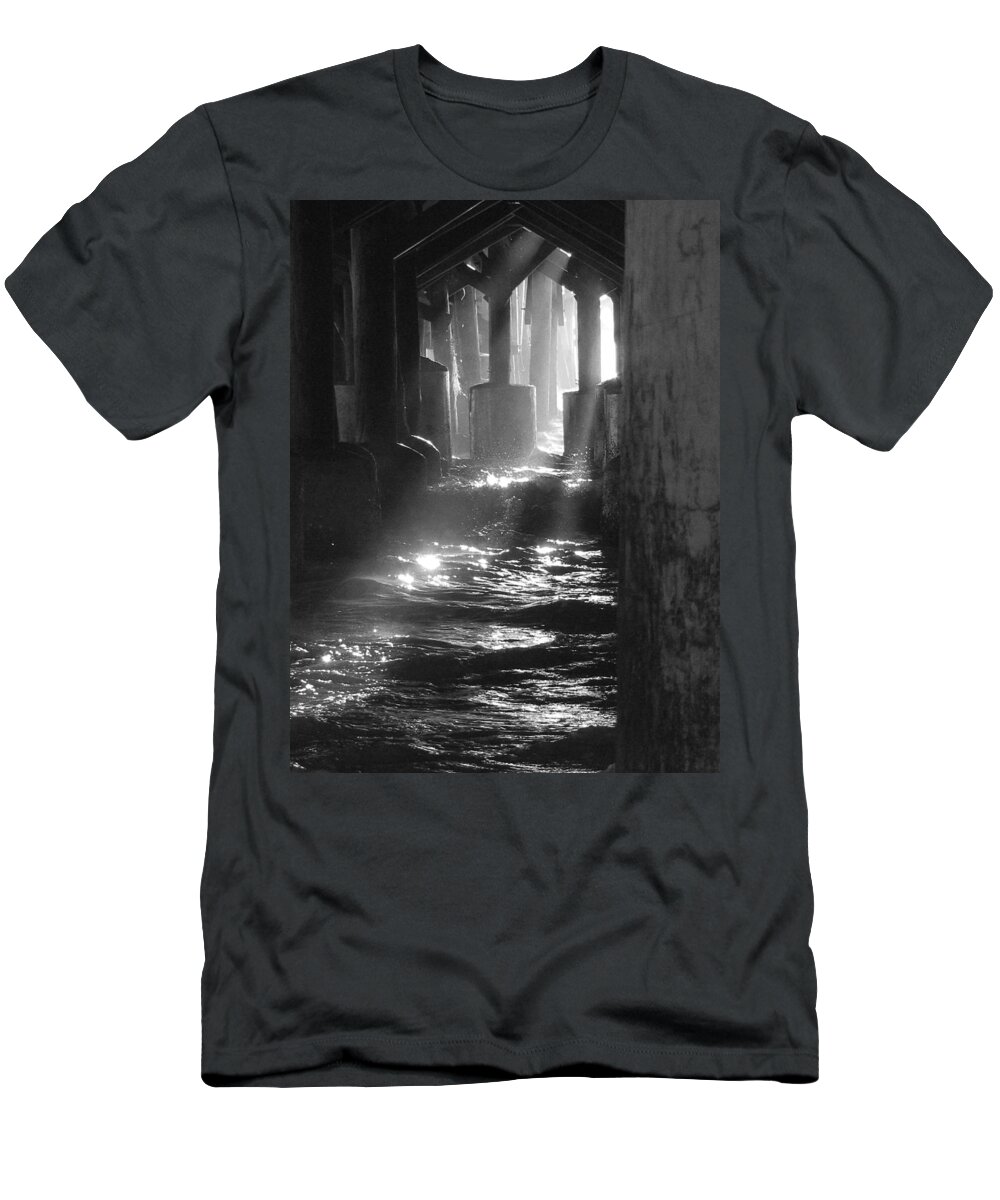 Daytona T-Shirt featuring the photograph Black and White Under the Daytona Beach Pier 004 by Christopher Mercer