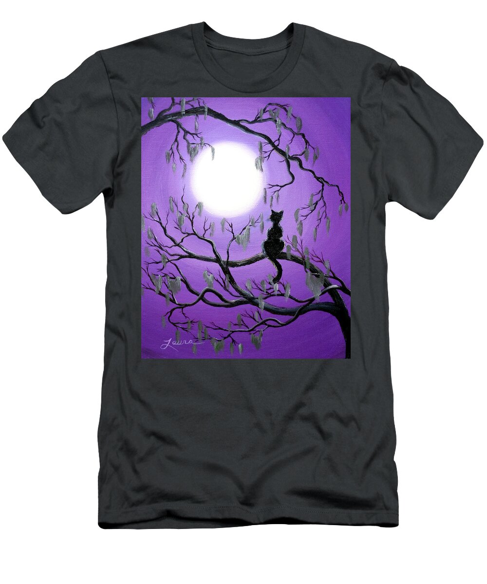 Painting T-Shirt featuring the painting Black Cat in Mossy Tree by Laura Iverson