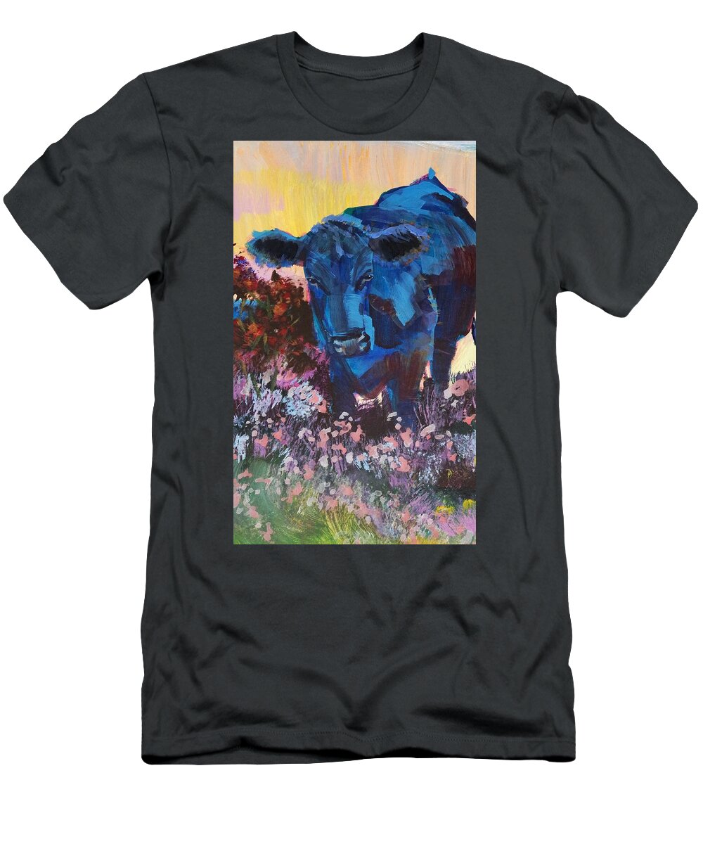 T-Shirt featuring the drawing Black Cow in Heather by Mike Jory
