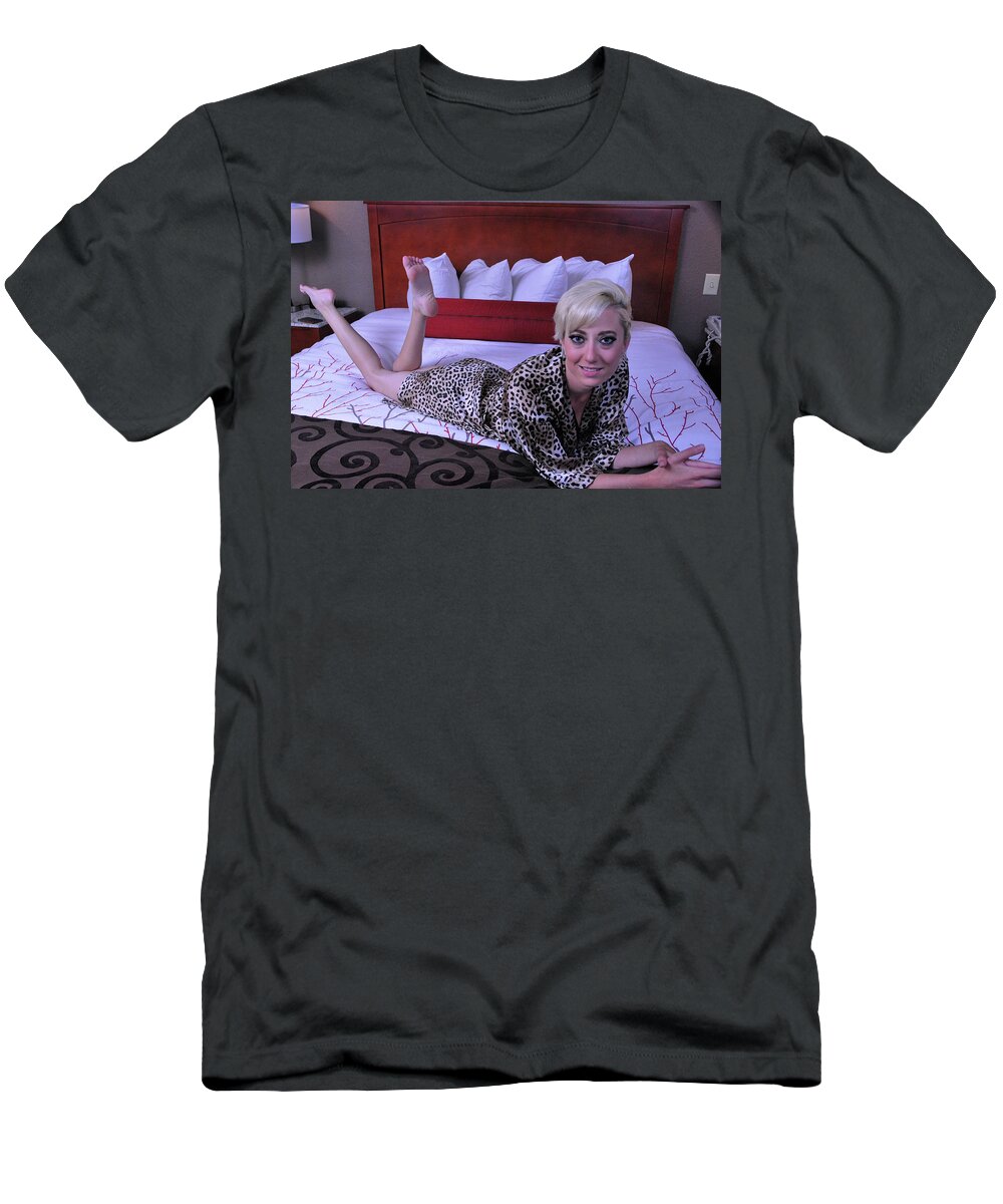Female In Bedroom T-Shirt featuring the photograph Blondie on bed by Tom Hufford