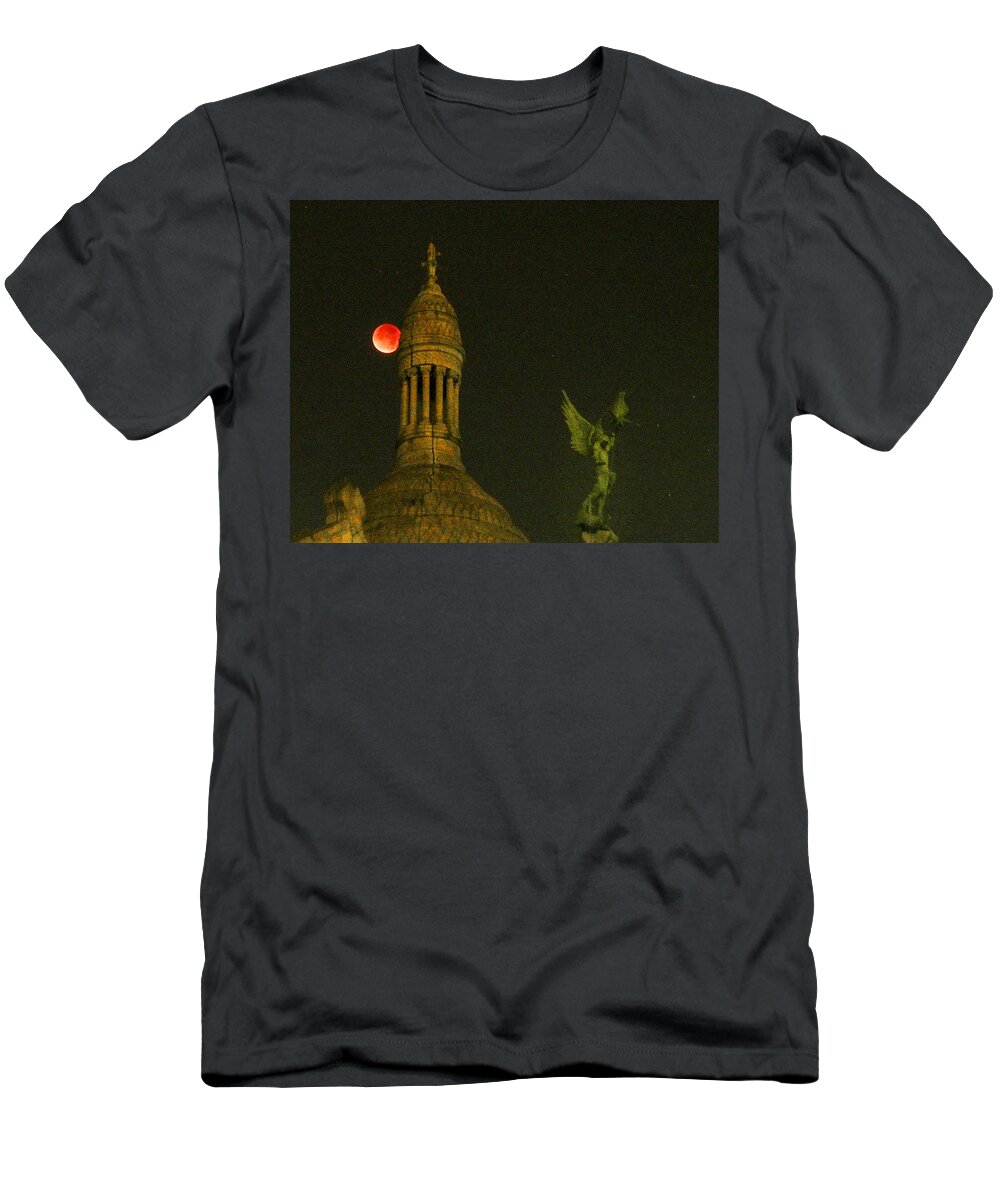 Eclipse T-Shirt featuring the photograph Blood Moon Eclipse at Sacre Coeur Paris 2015 by Sally Ross