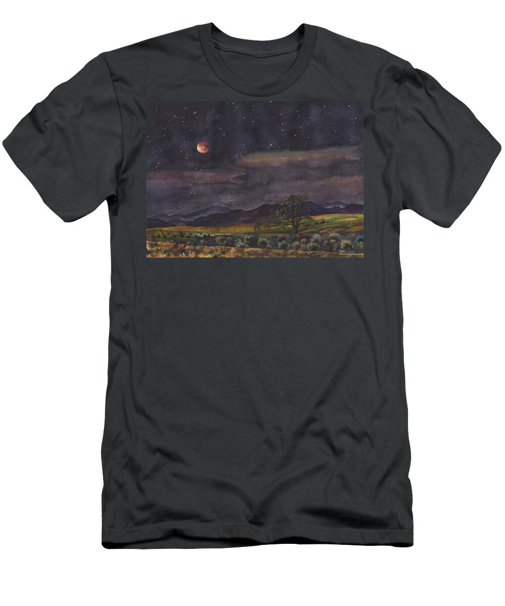 Blood Moon Painting T-Shirt featuring the painting Blood Moon Over Boulder by Anne Gifford