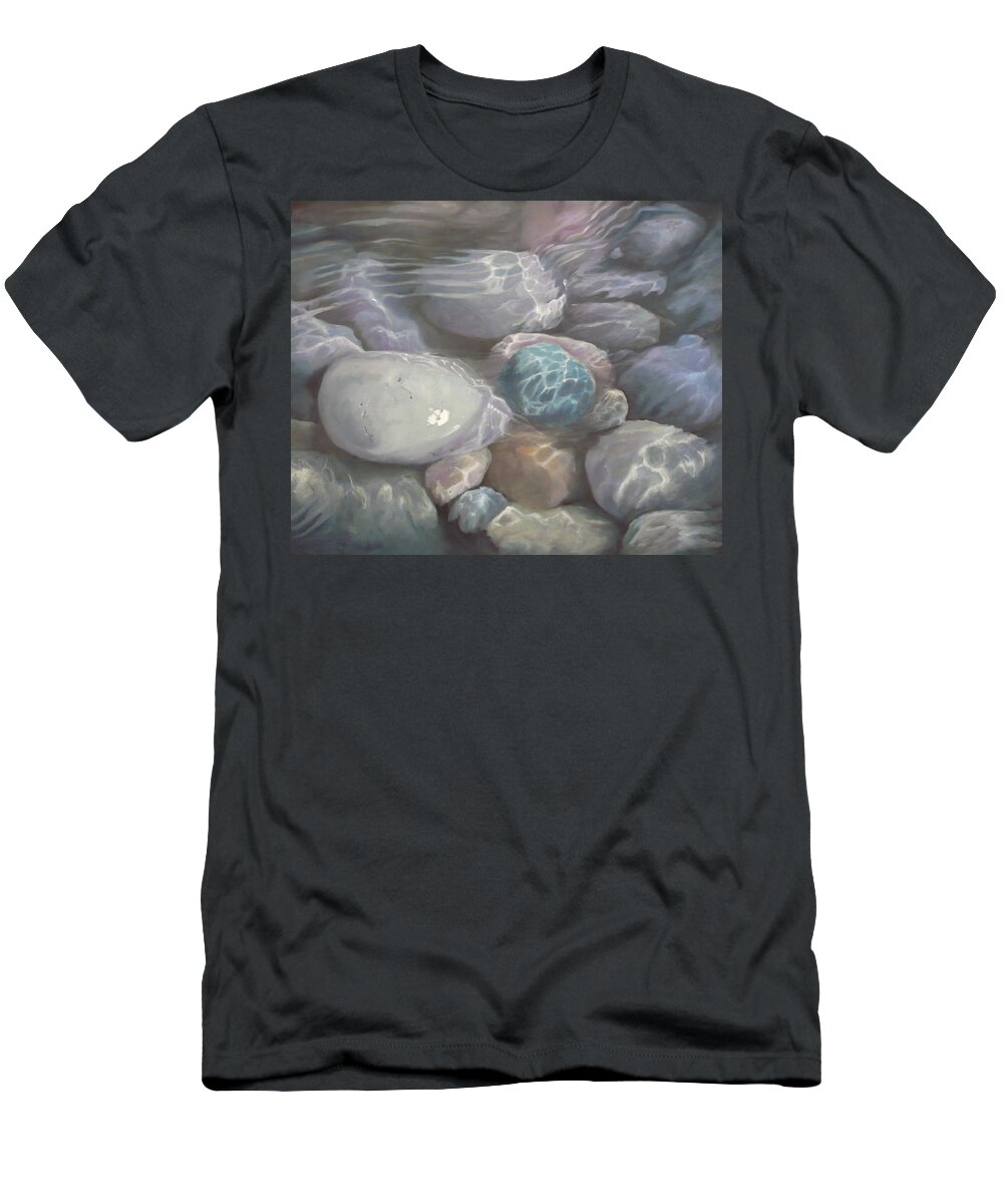 Pebbles Water Oil Blue Sea Underwater T-Shirt featuring the painting Blue Calm by Caroline Philp