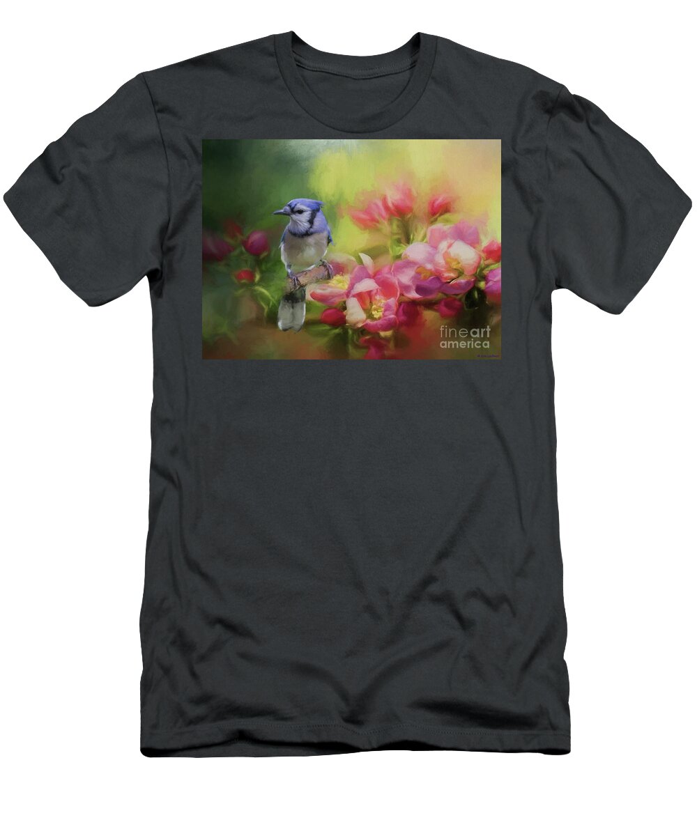 Blue Jay T-Shirt featuring the mixed media Blue Jay on a Blooming Tree by Eva Lechner