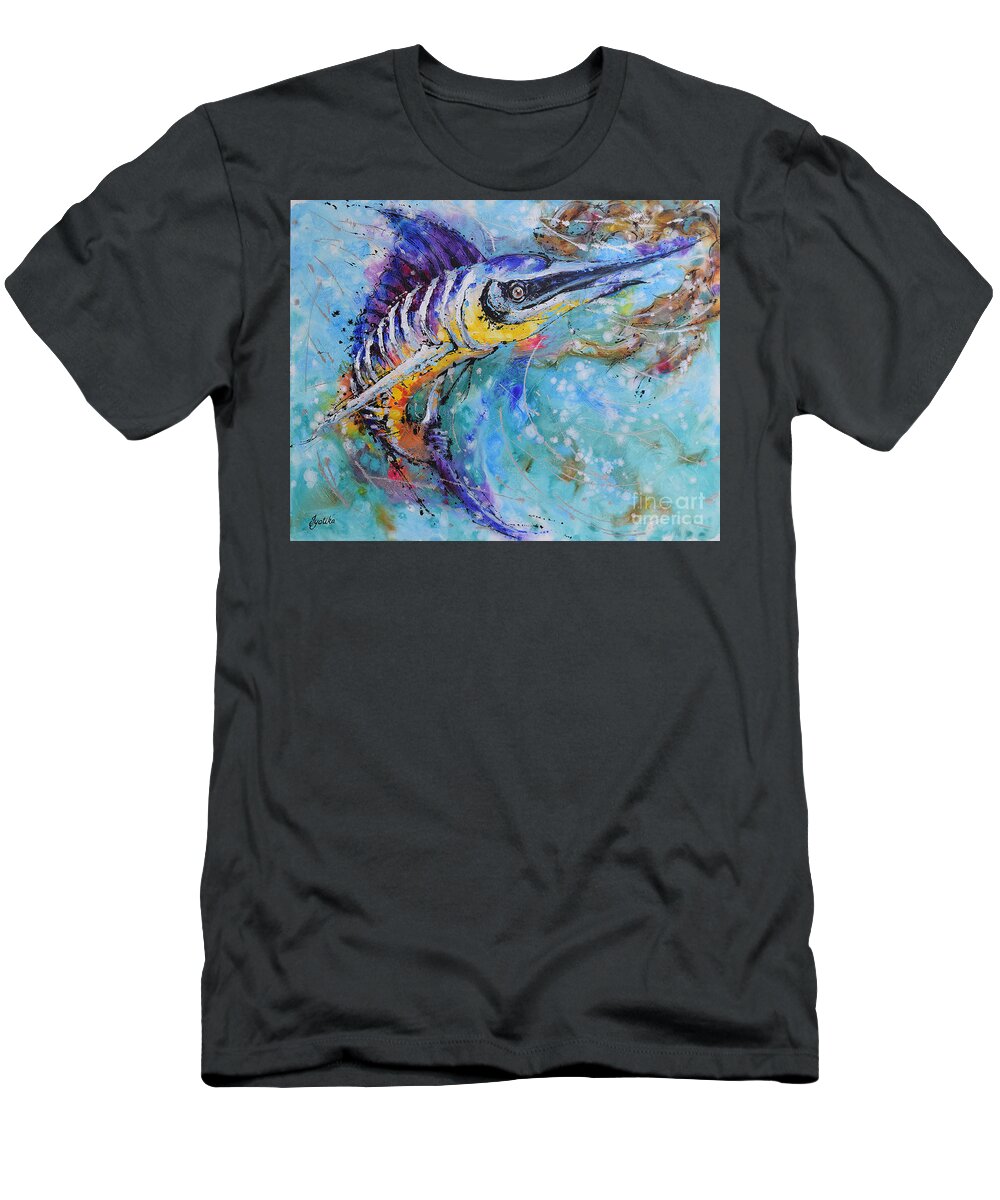 Blue Marlin's Twist T-Shirt featuring the painting Blue Marlin's Twist by Jyotika Shroff