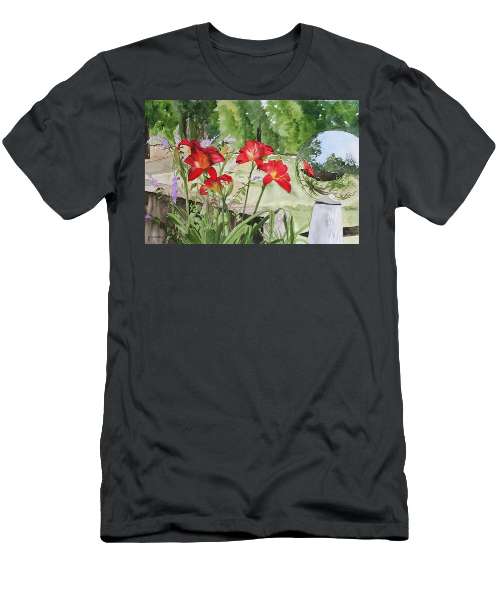 Flowers T-Shirt featuring the painting Blue Sky Reflections by Jean Blackmer