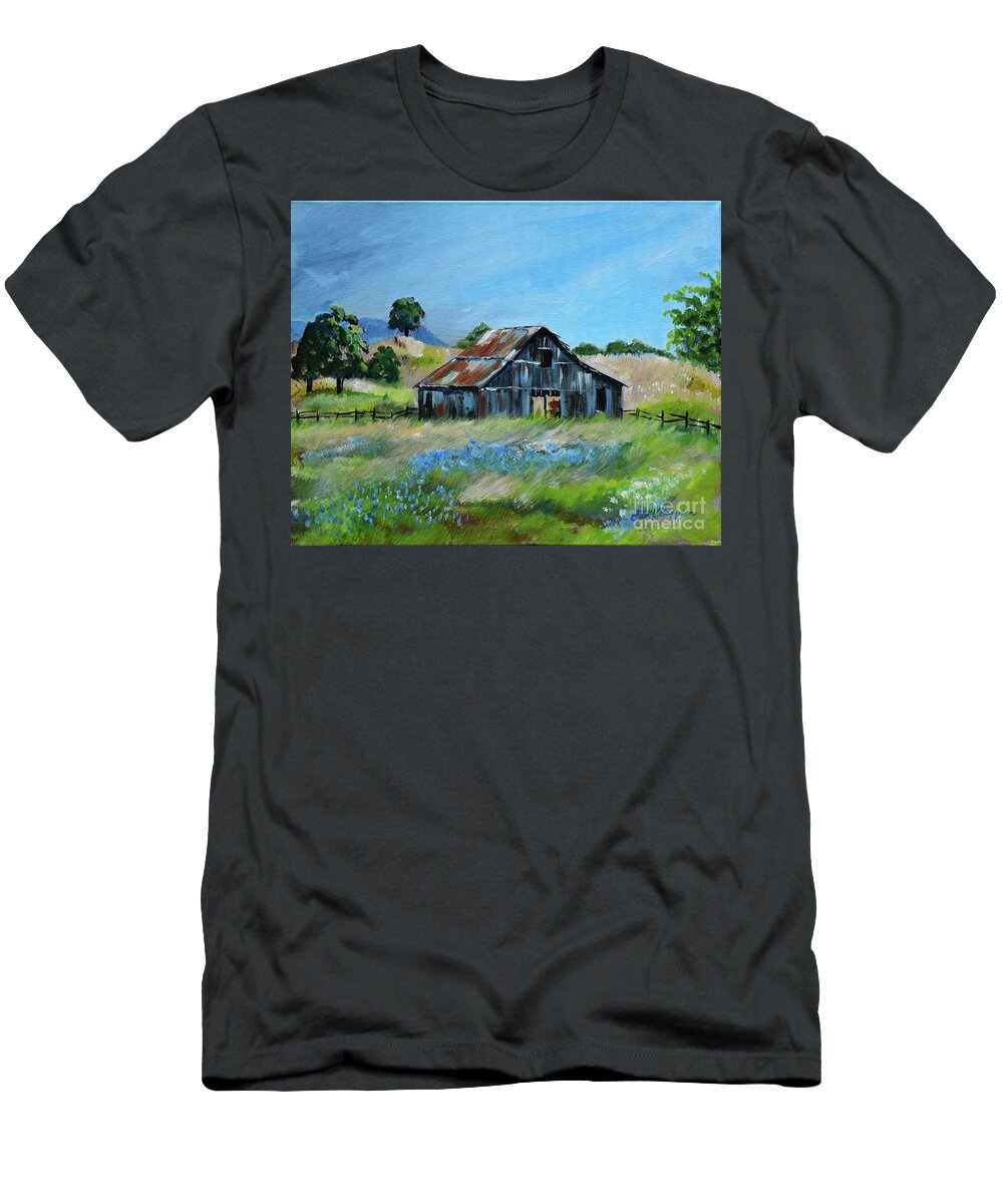 Barn T-Shirt featuring the painting Bluebell Barn - Rustic Bar - Bluebellsn by Jan Dappen