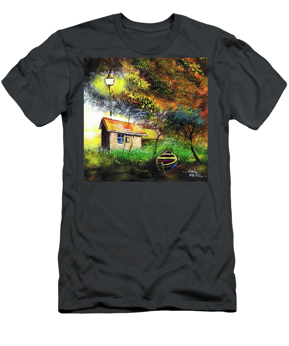 Nature T-Shirt featuring the painting Boat House by Anil Nene