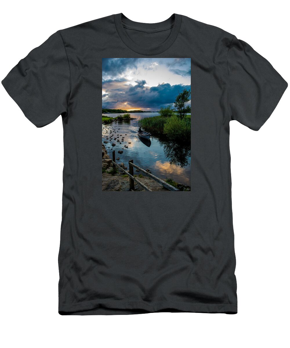 Lake T-Shirt featuring the photograph Boat in Killarney National Park In Ireland by Andreas Berthold