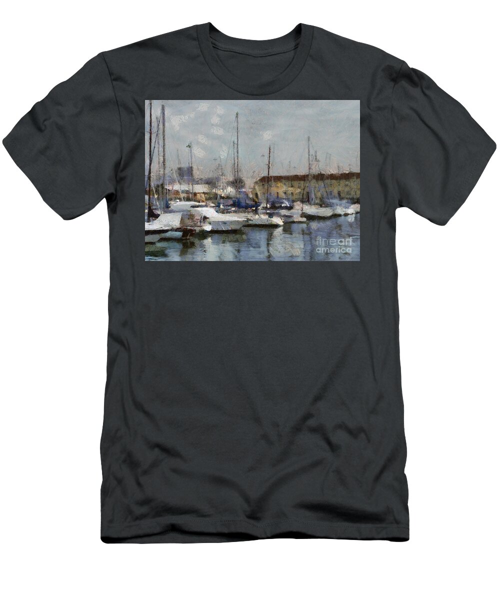 Seascape T-Shirt featuring the painting Boats in marina by Dimitar Hristov
