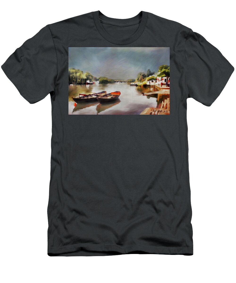 Richmond T-Shirt featuring the digital art Boats on the River at Richmond II by Nicky Jameson