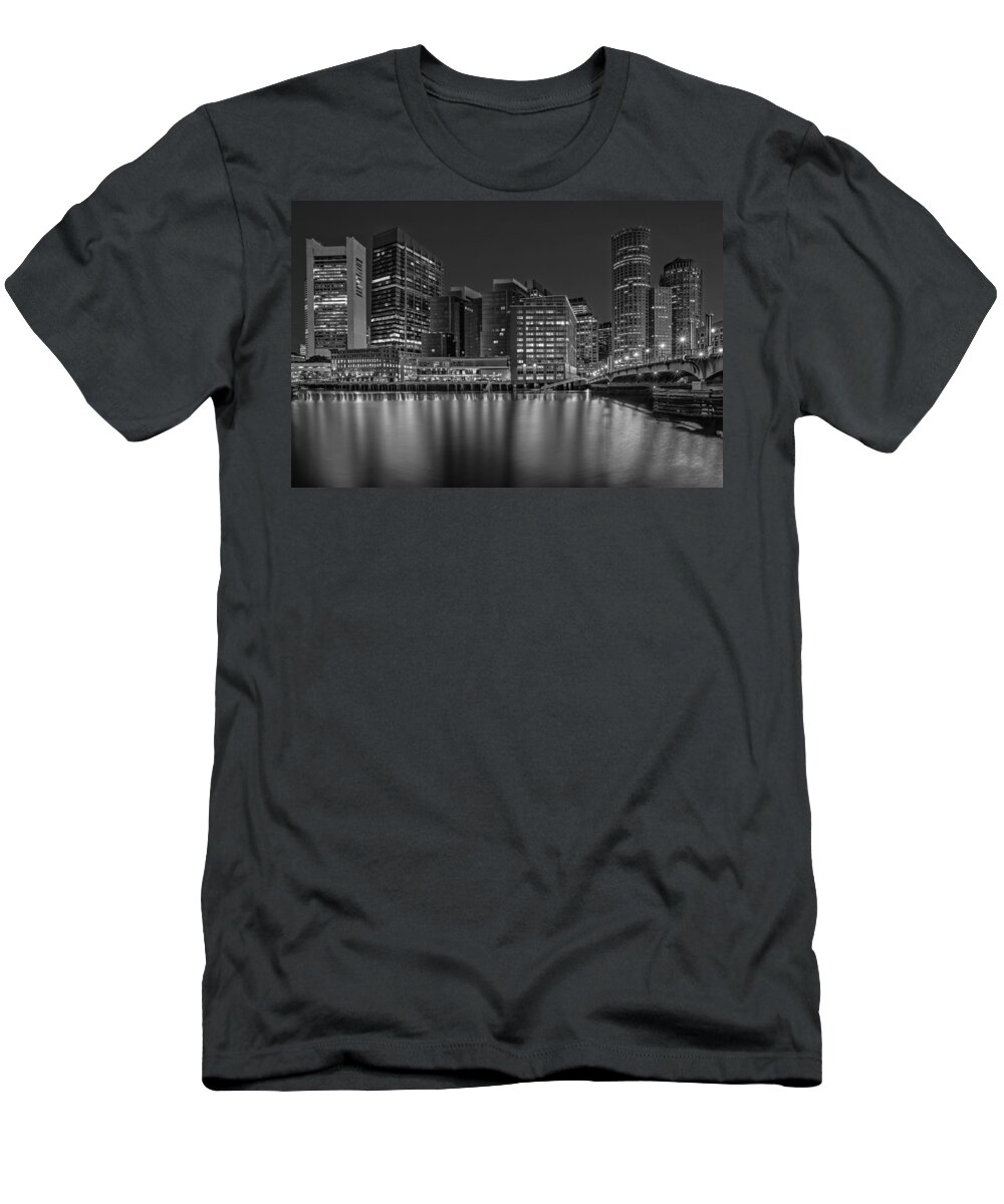 Boston T-Shirt featuring the photograph Boston Skyline Twilight BW by Susan Candelario