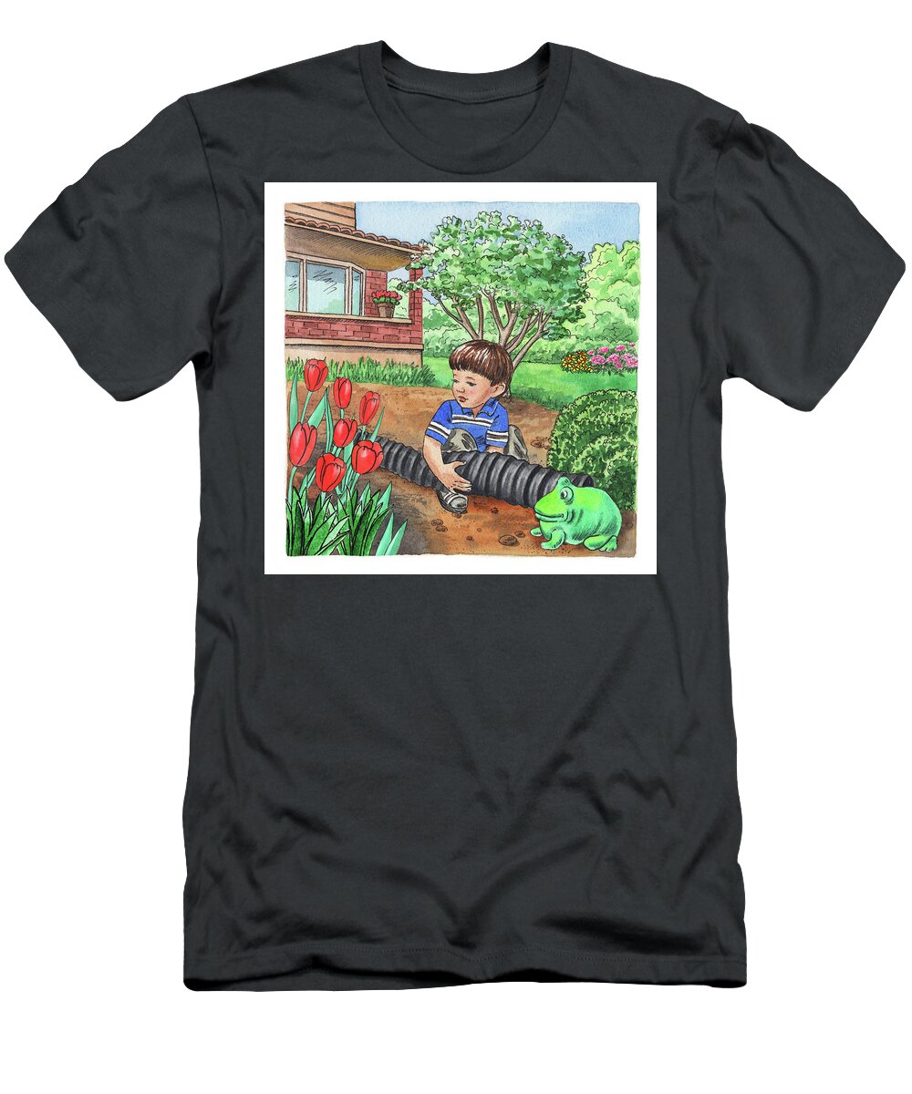 Boy T-Shirt featuring the painting Boy In The Garden Helping Parents by Irina Sztukowski