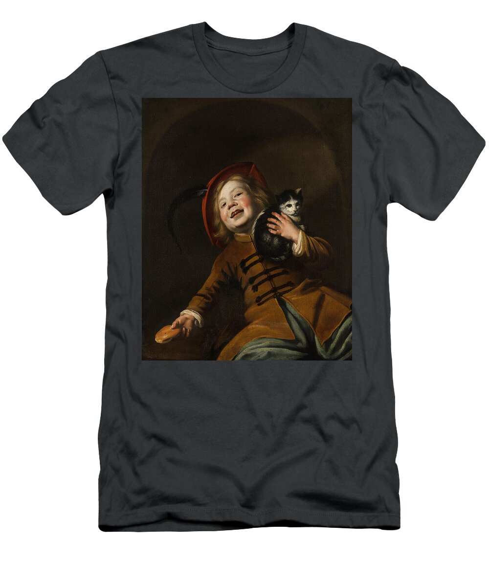 Boy With A Cat T-Shirt featuring the painting Boy with a cat by Judith Leyster