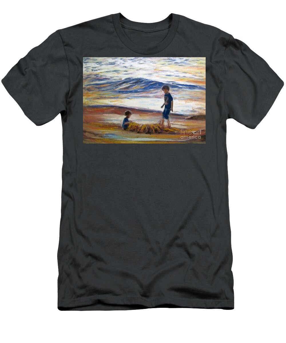Boys T-Shirt featuring the painting Boys playing at the beach by Ryn Shell