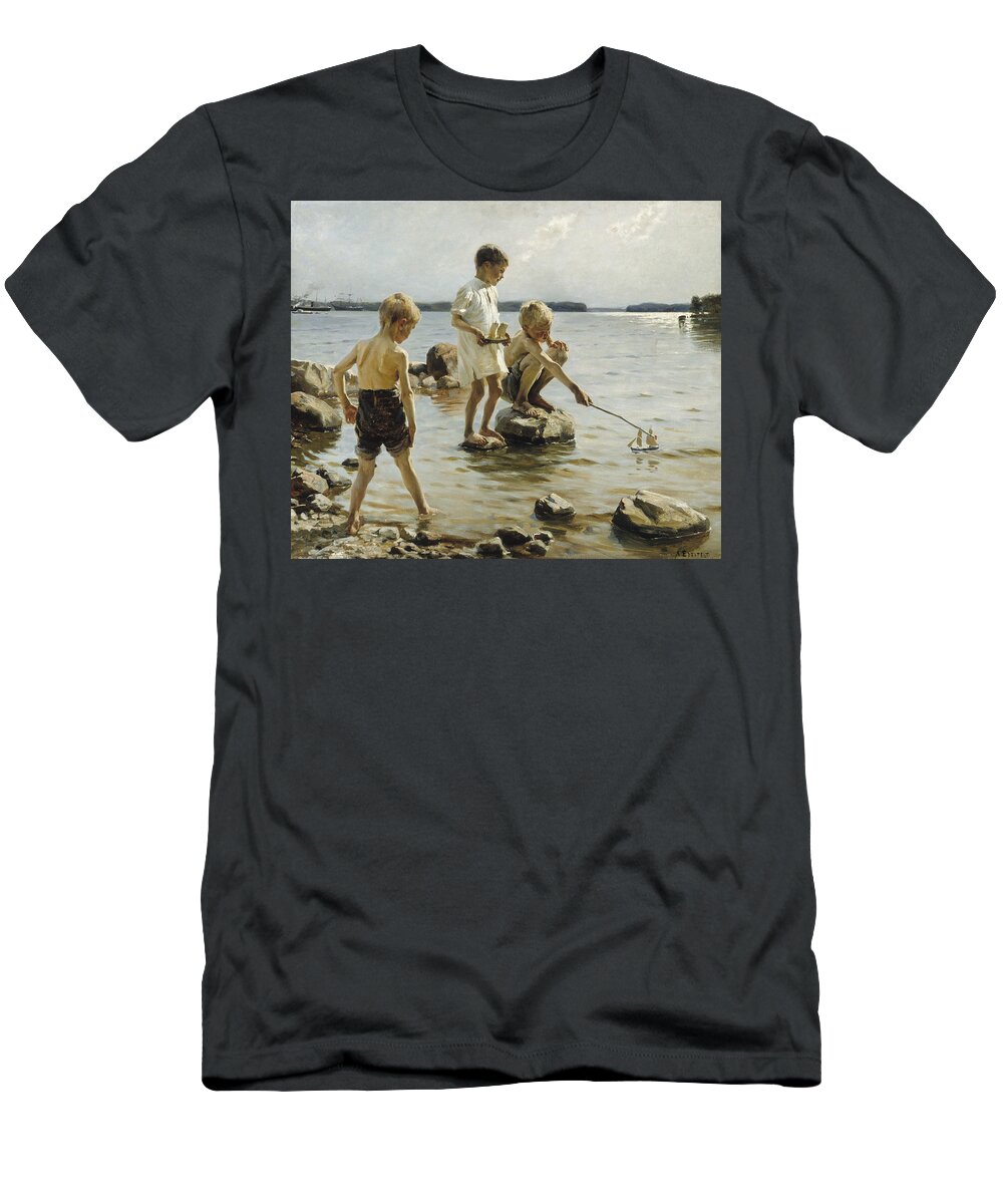 19th Century Art T-Shirt featuring the painting Boys Playing on the Shore, 1884 by Albert Edelfelt