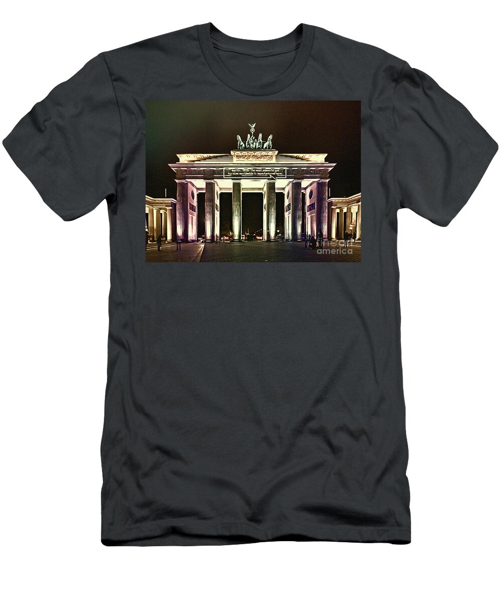 Germany T-Shirt featuring the painting Brandenburg Gate at Night - purple by Horst Rosenberger