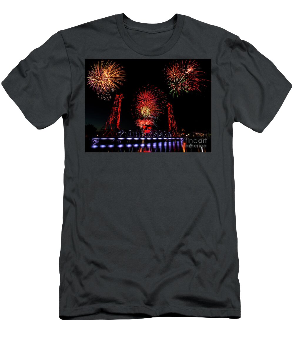 Fireworks T-Shirt featuring the photograph Bridge 13 Canada Day by JT Lewis