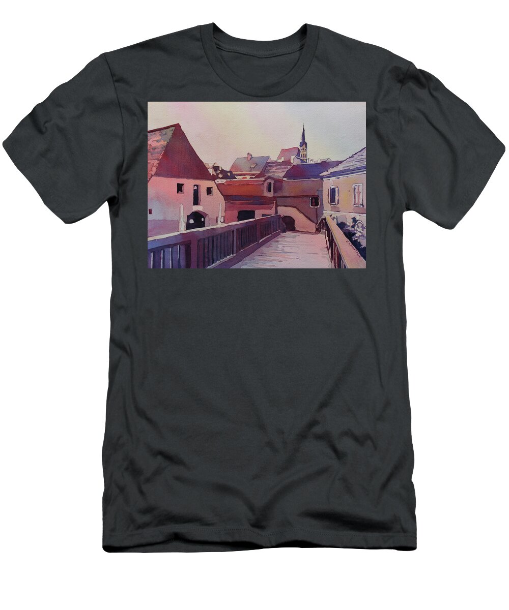 Czech Republic T-Shirt featuring the painting Bridge to Cesky Krumlov by Jenny Armitage