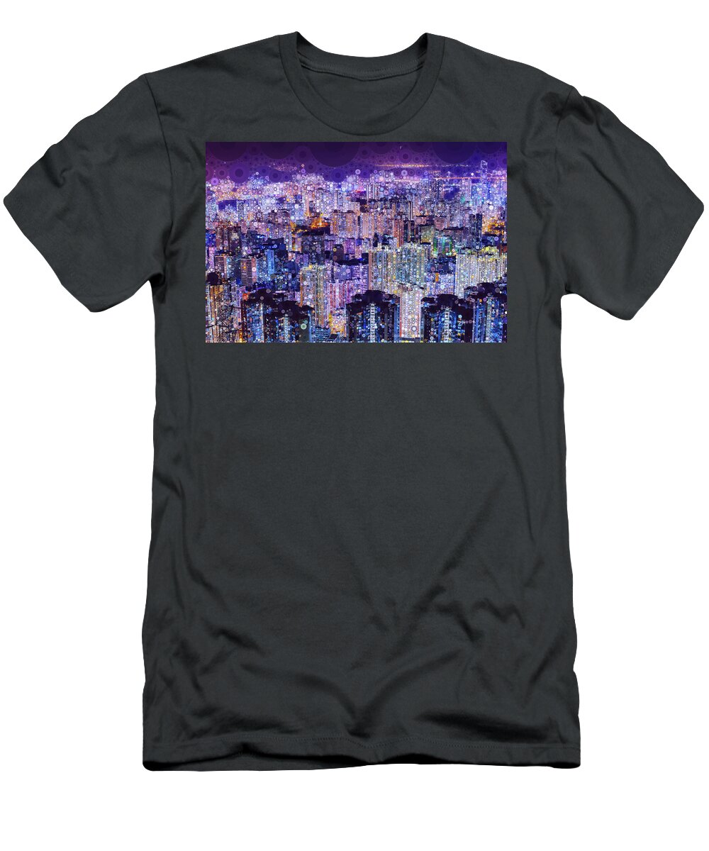 Hong Kong T-Shirt featuring the mixed media Bright Lights, Big City by Susan Maxwell Schmidt