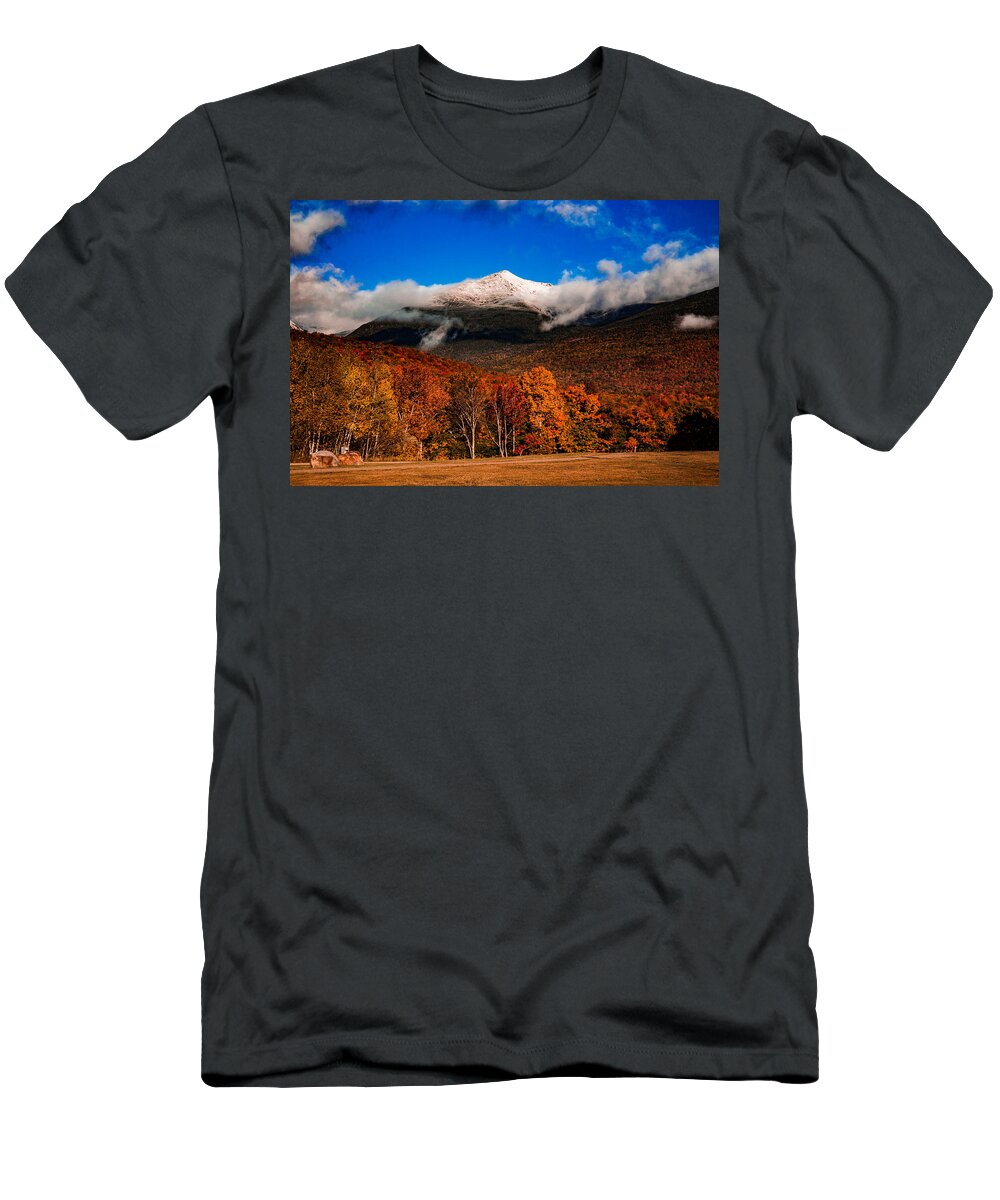 New England Fall Colors T-Shirt featuring the photograph Bright morning fall foliage at the foot of Mount Washington by Jeff Folger