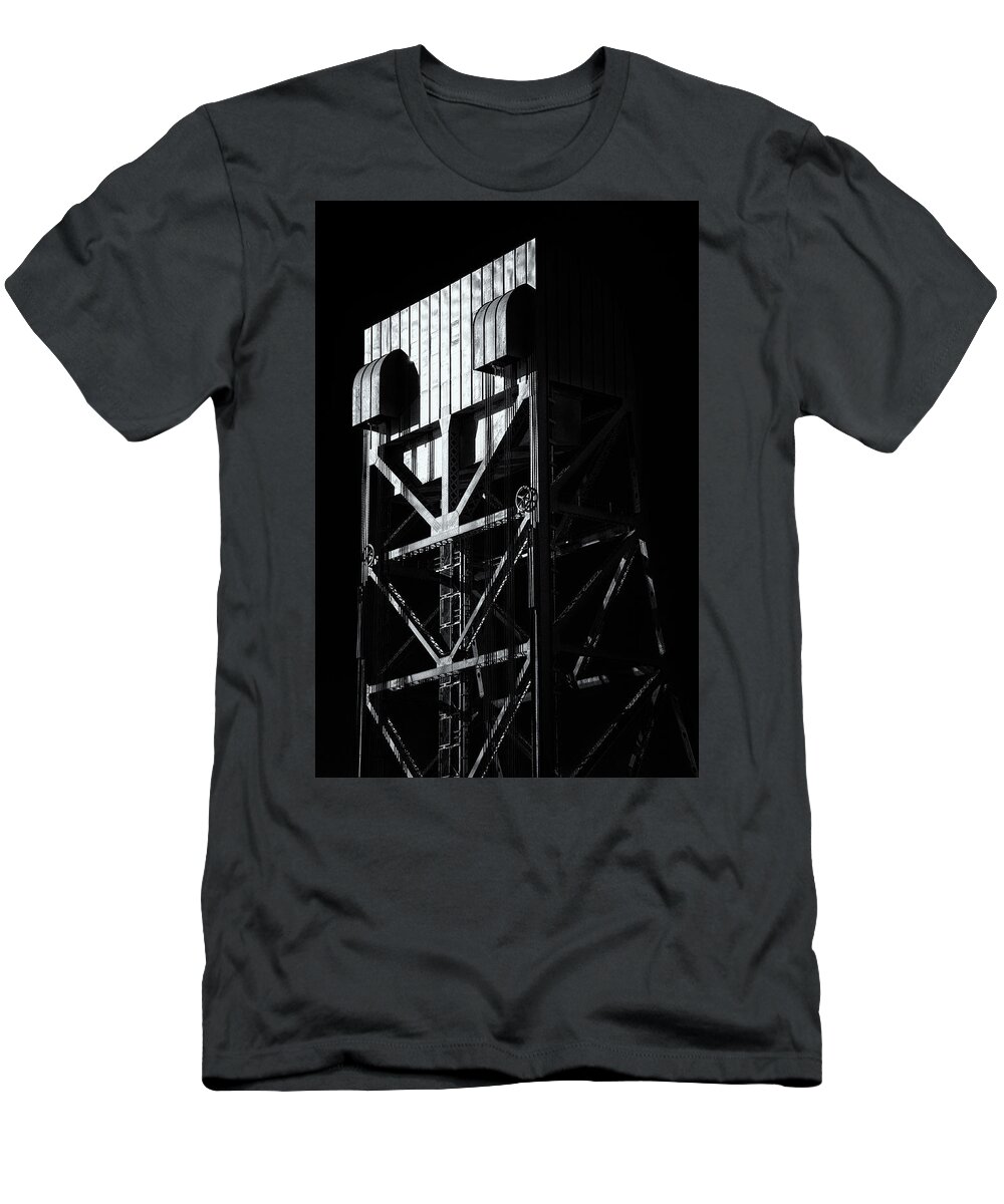 Broadway Bridge T-Shirt featuring the photograph Broadway Bridge South Tower Detail 3 Monochrome by Jeremy Herman