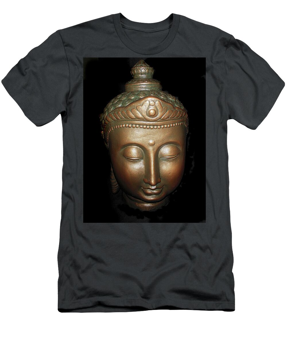  Mysterious T-Shirt featuring the photograph Bronze Buddha Head by Joan Reese