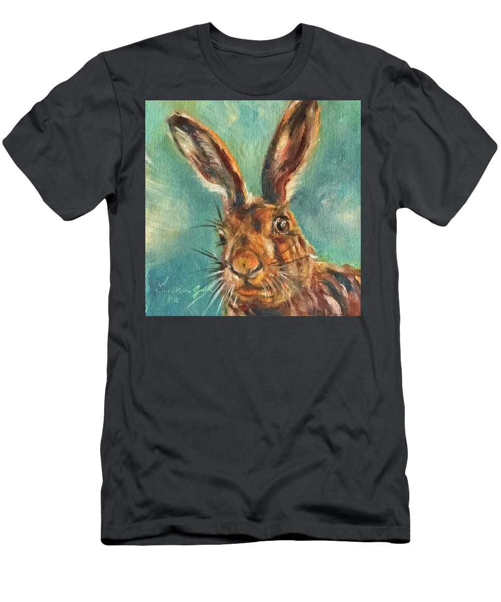 Brown Hare 6 X 6 Oil Painting On Canvas Bonded On1.5 Depth Cradle Panel. Ready To Hang T-Shirt featuring the painting Brown Hare by Susan Goh