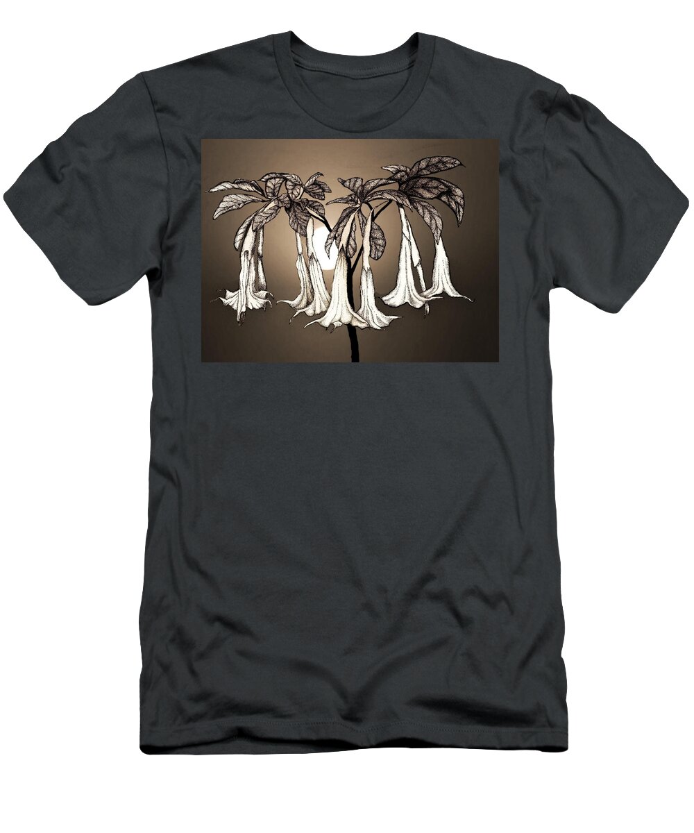 Brugmansia Flowers Plant Sunset Trumpet T-Shirt featuring the digital art Brugmansia by Tony Kroll