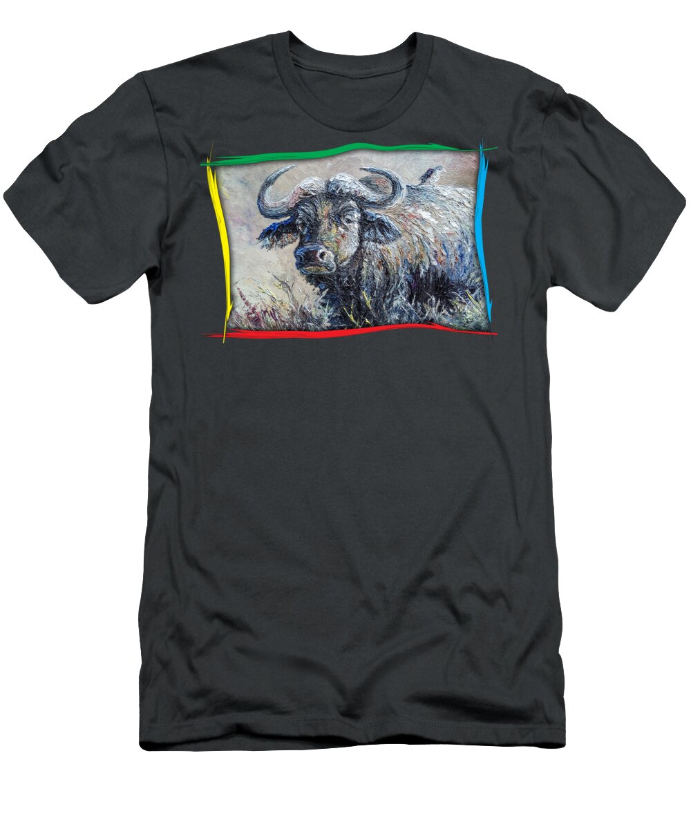 Africa T-Shirt featuring the painting Buffalo and Bird by Anthony Mwangi