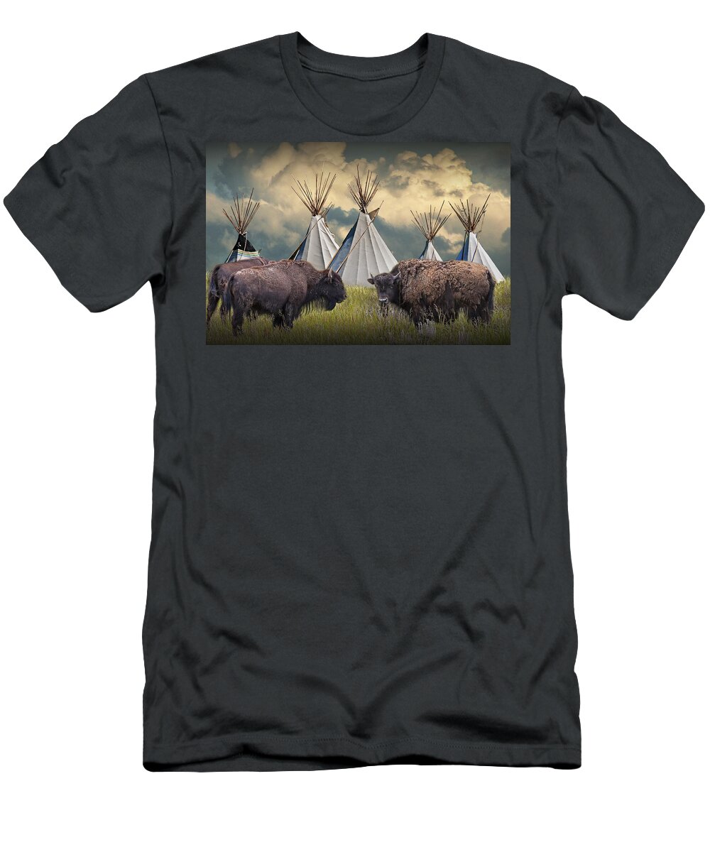 Native T-Shirt featuring the photograph Buffalo Herd on the Reservation by Randall Nyhof