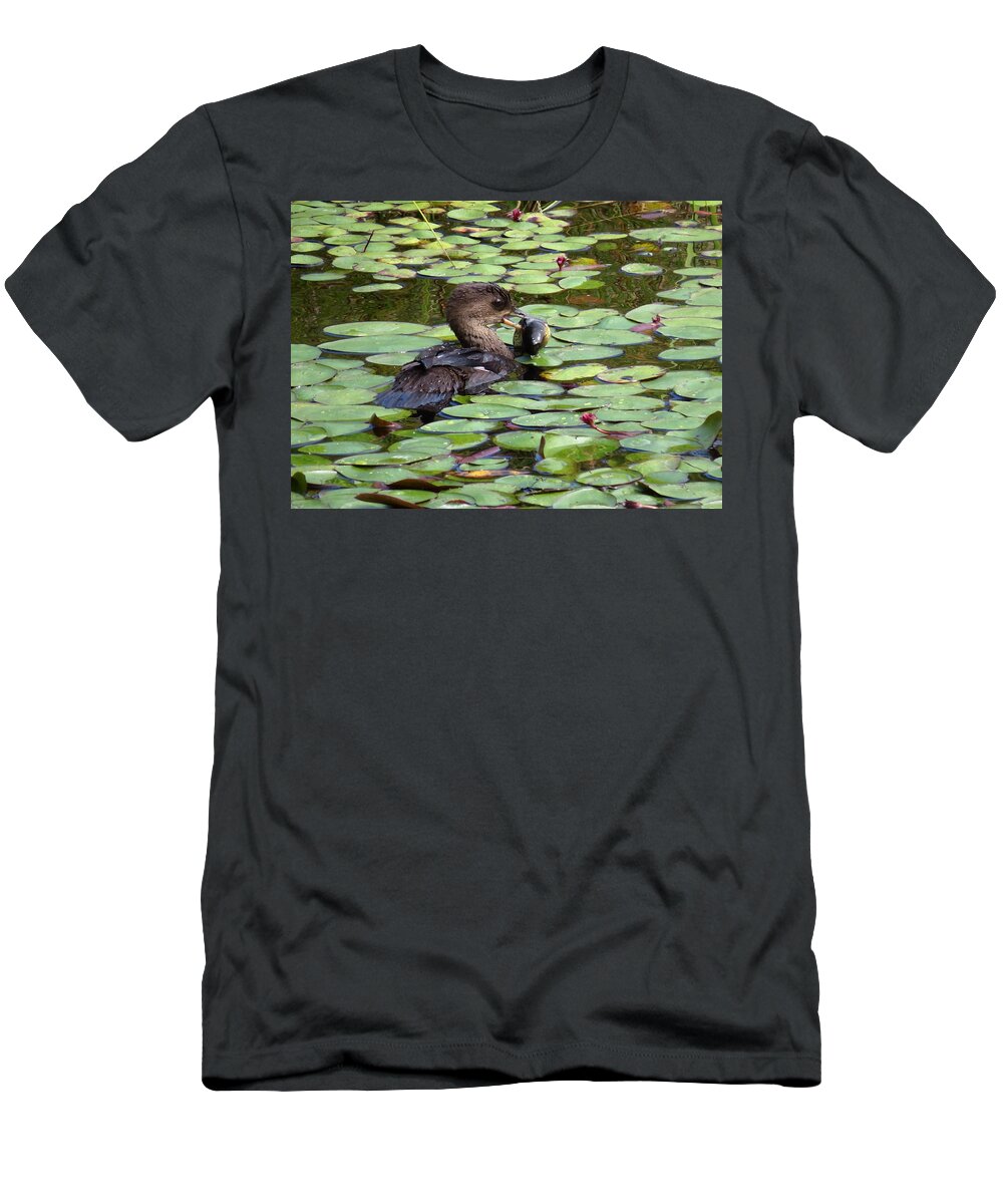 Hooded Merganser T-Shirt featuring the digital art Bullfrog For Breakfast by I'ina Van Lawick
