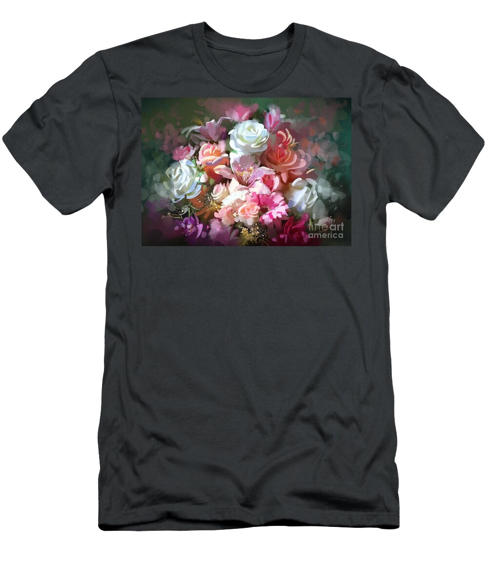 Art T-Shirt featuring the painting Bunch of roses by Tithi Luadthong