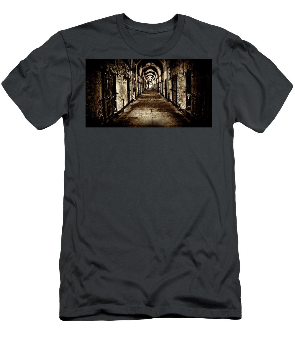 Eastern State Penitentiary T-Shirt featuring the photograph But you can never leave #1 by Paul W Faust - Impressions of Light
