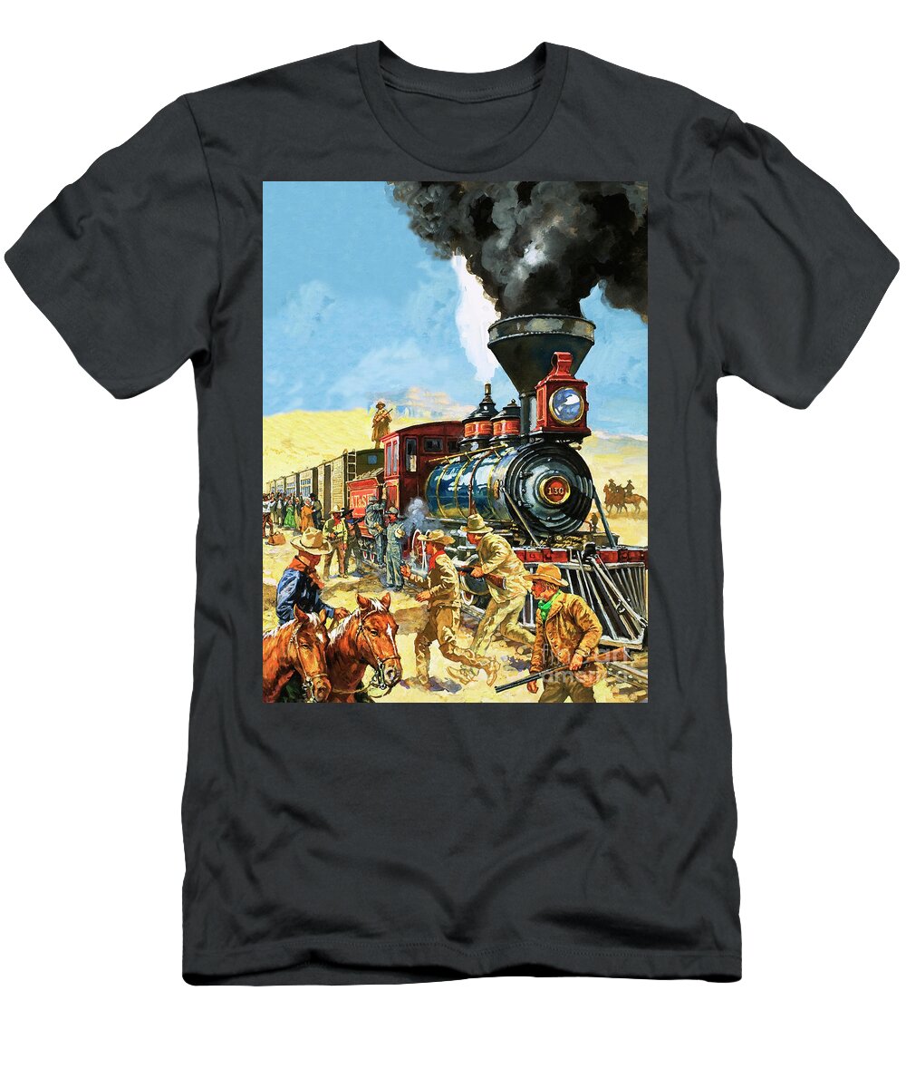 Wild West T-Shirt featuring the painting Butch Cassidy and the Sundance Kid hold up a Union Pacific Railroad train by Harry Green