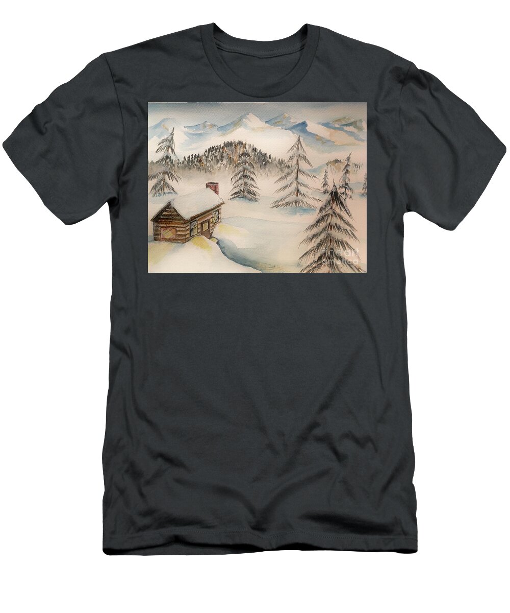 Snow T-Shirt featuring the painting Cabin in the Rockies by Mastiff Studios