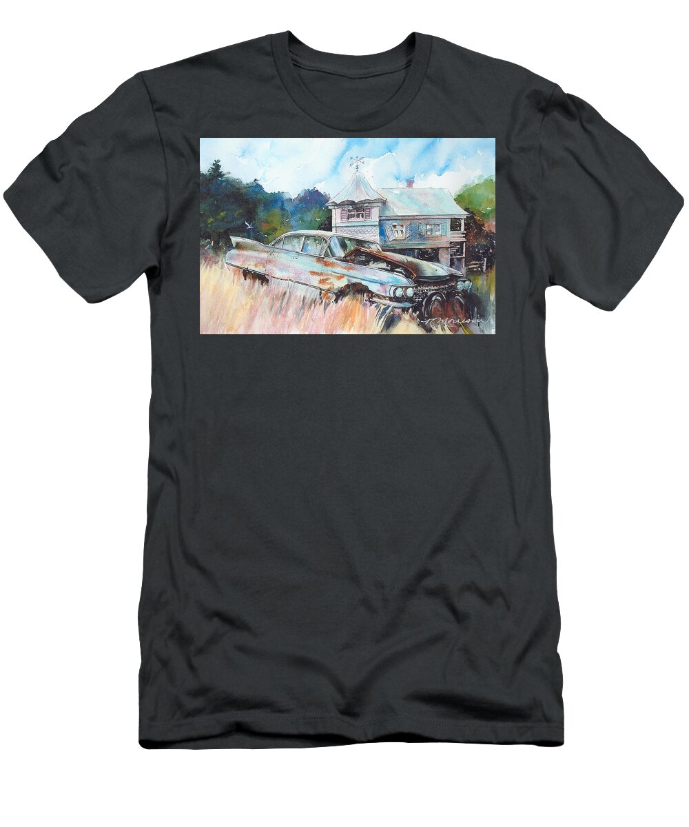 Cadillac T-Shirt featuring the painting Caddy Sliding Down the Slope by Ron Morrison